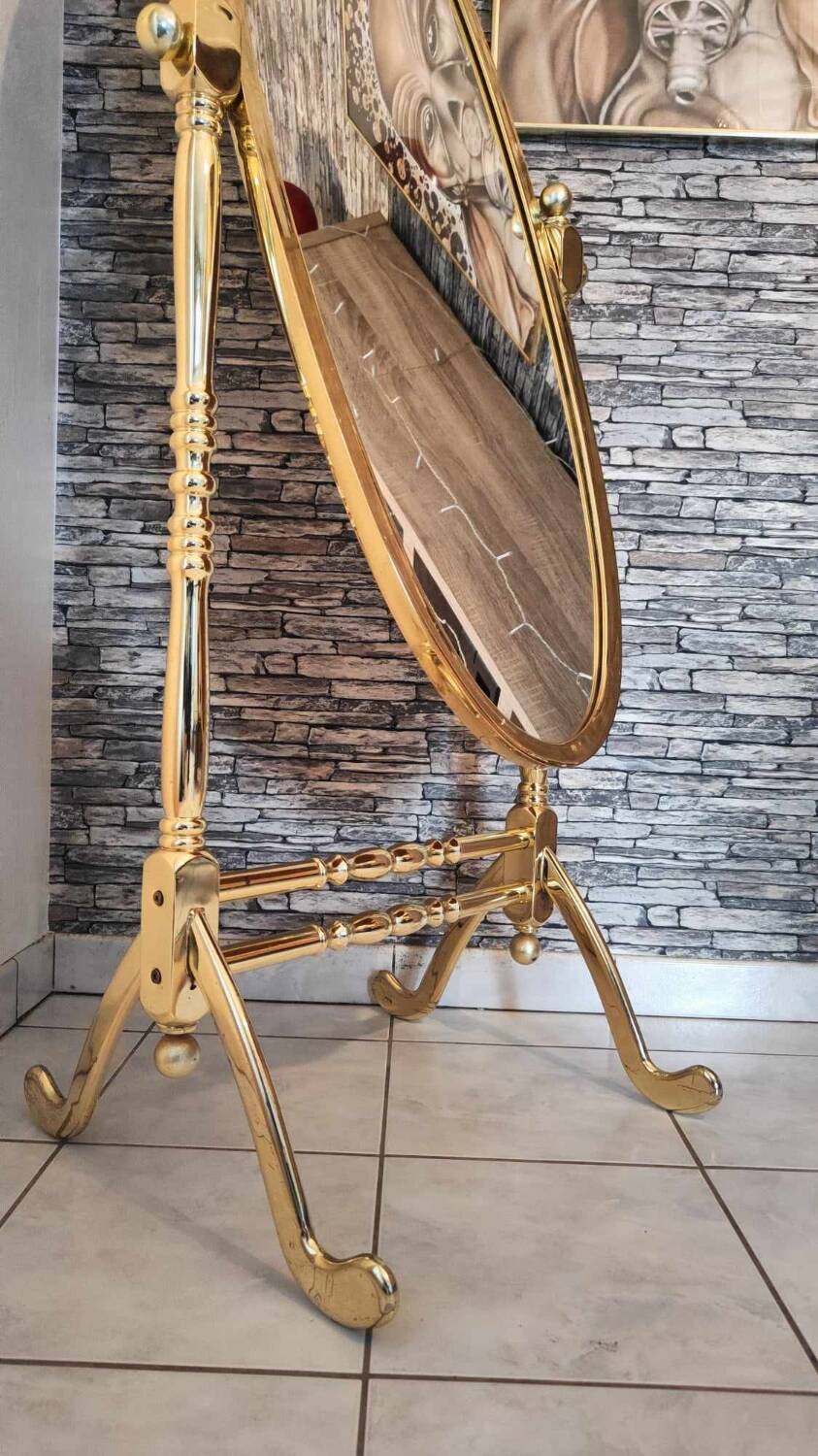 Vintage horse mirror in patinated steel with golden brass effect 1980