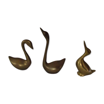 Set de 3 animaux en laiton couple de cygnes & 1 canard