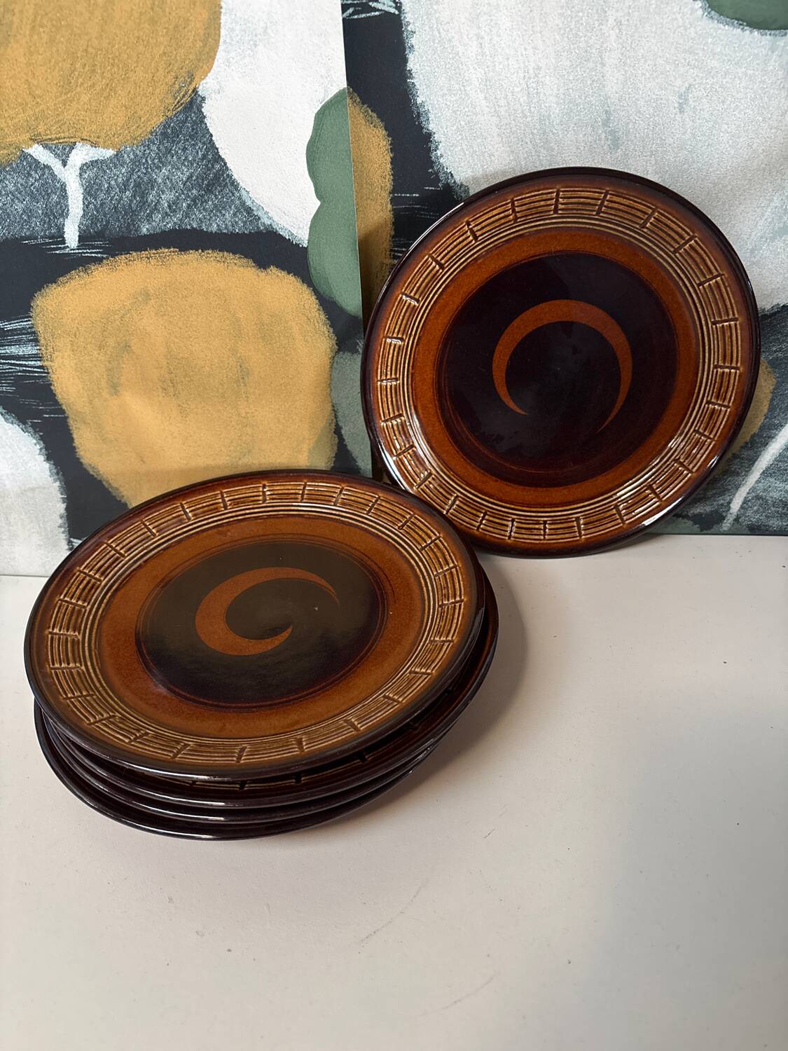Set of 5 vintage stoneware dessert plates