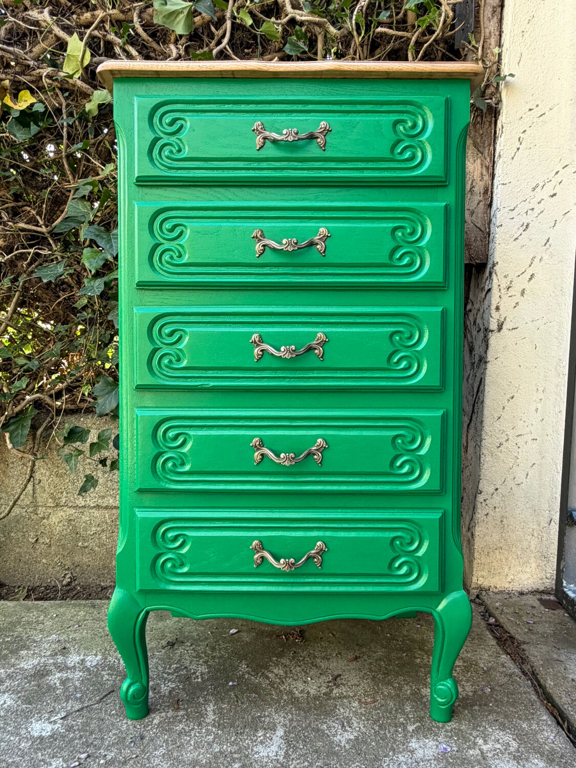 Vintage green oak chest of drawers from the 1960s.