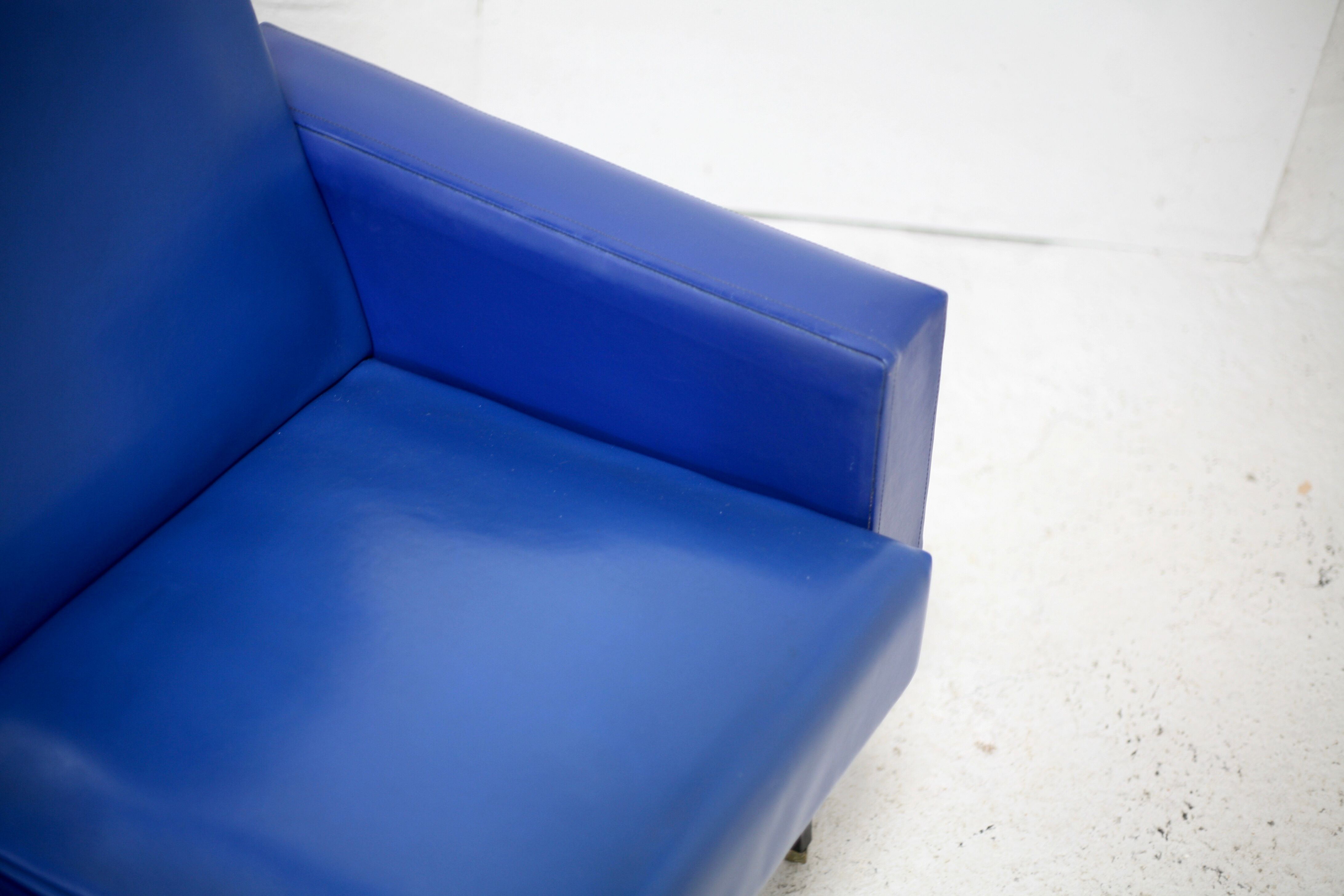 Sofa imitation leather blue and steel, 3 seats, France, circa 1960