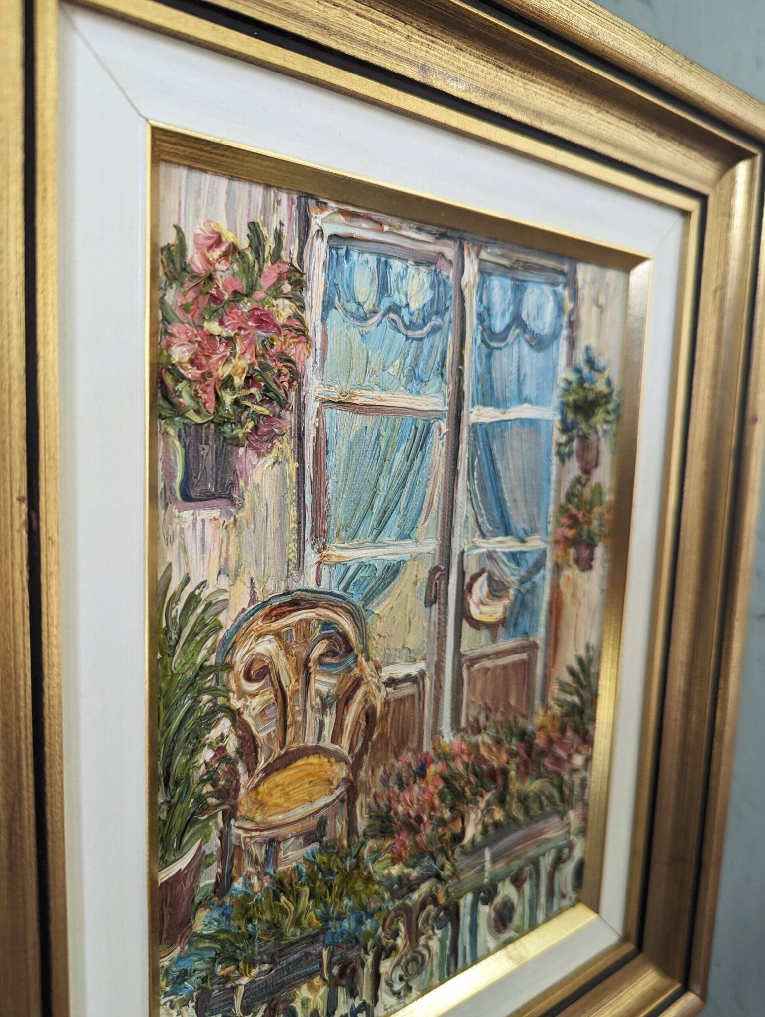 Mid-Century Modern Swedish "Balcony Garden" Vintage Oil Painting, Framed