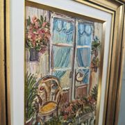 Mid-Century Modern Swedish "Balcony Garden" Vintage Oil Painting, Framed