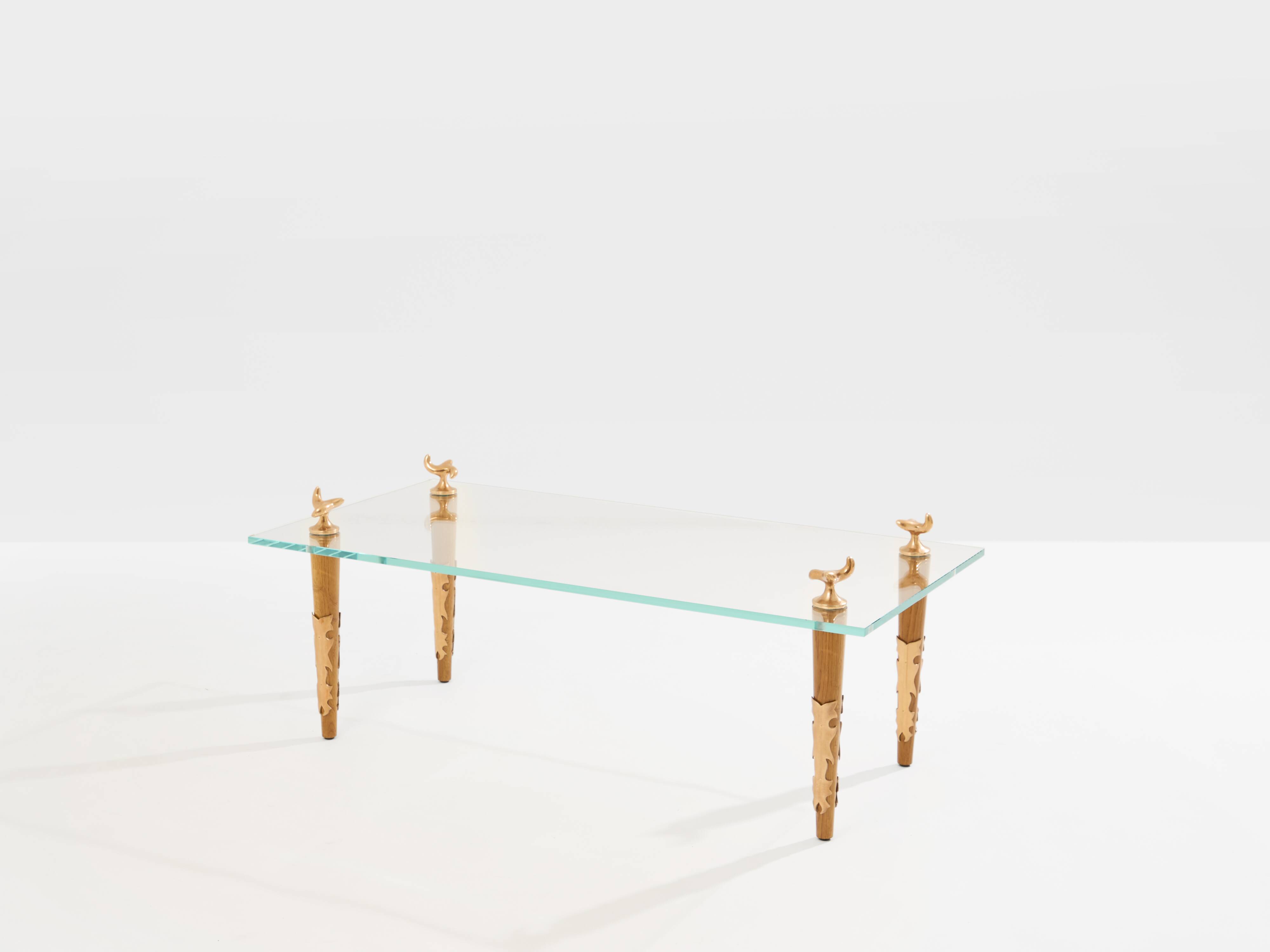 Table basse chêne bronze verre signée Garouste & Bonetti 1995