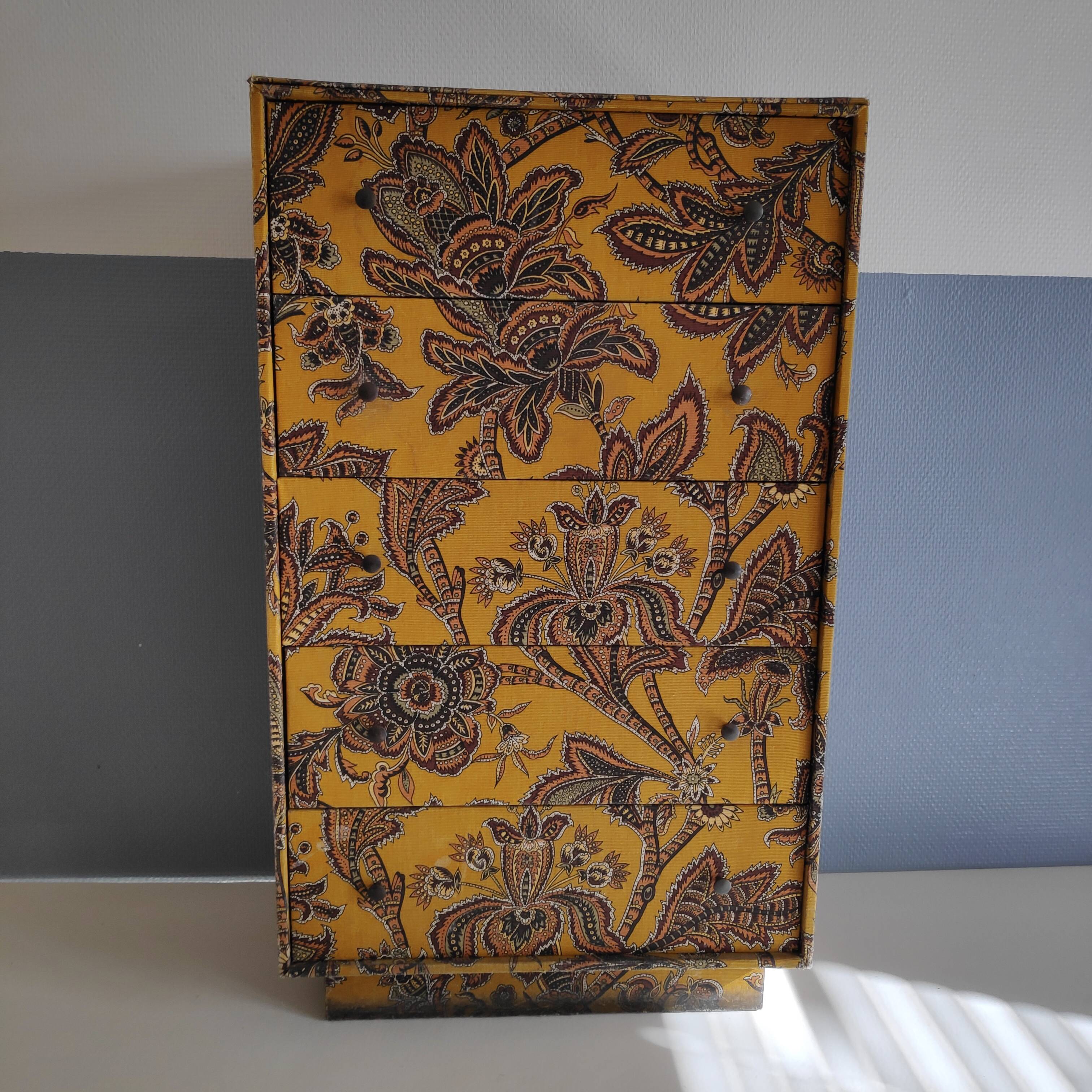 Meuble tissu vintage 5 tiroirs entièrement doublés tissu et papier