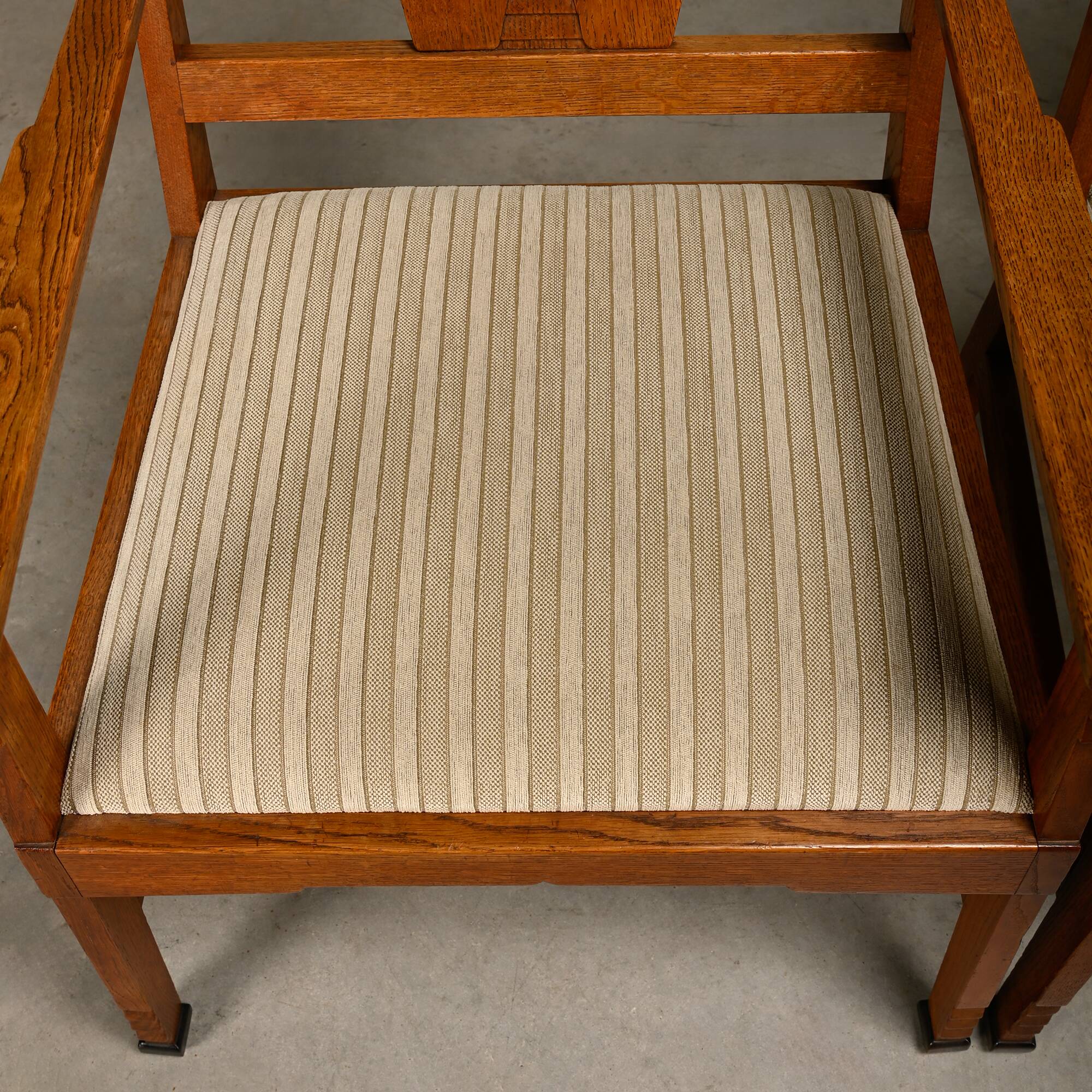 Dutch Art Deco Amsterdam School Armchairs in solid Oak and striped fabric
