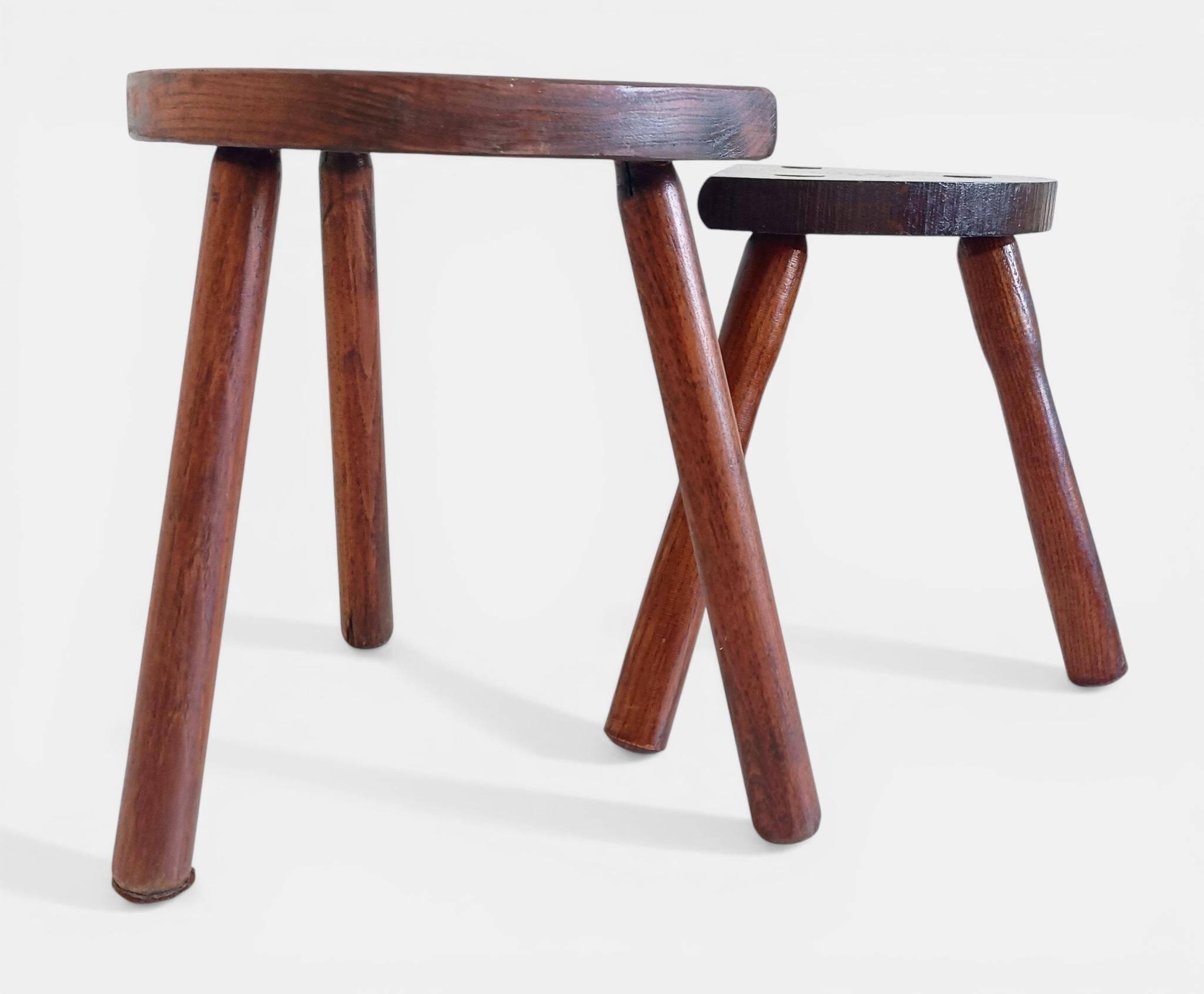 Antic Rustic Wabisabi Tripod Wooden Stools/ Accent Tables, France, Early 20th-C.