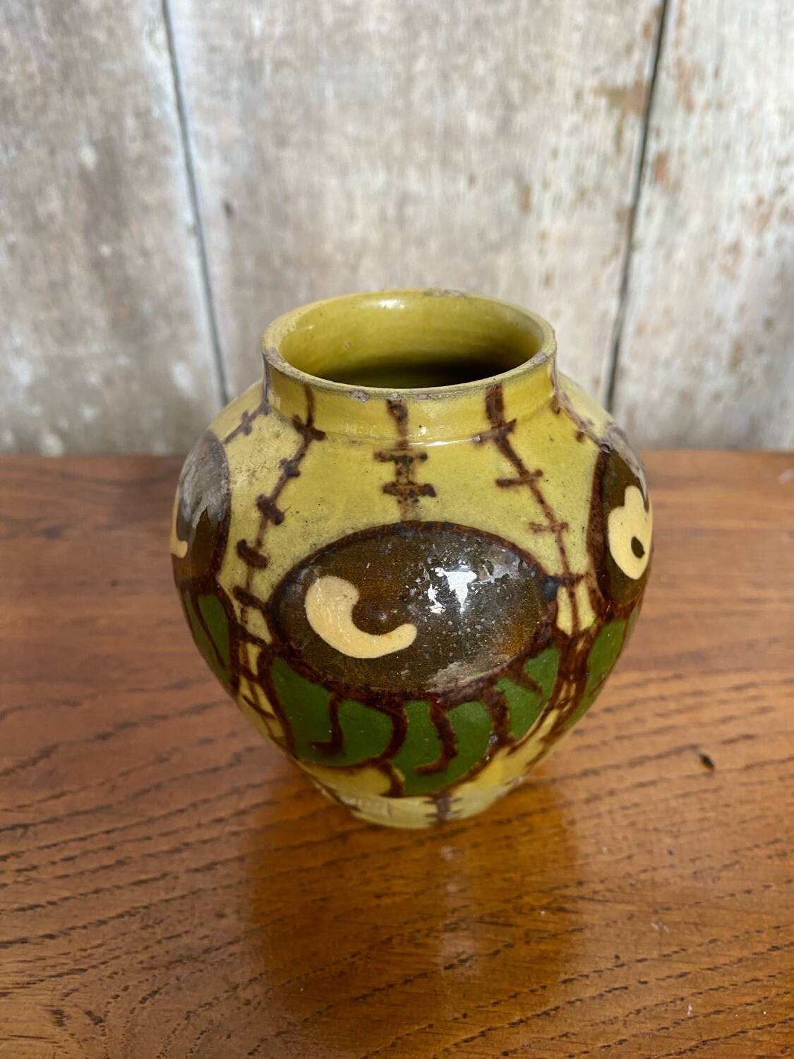 Antique yellow enameled terracotta vase painted decor made in france vintage