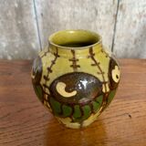 Antique yellow enameled terracotta vase painted decor made in france vintage