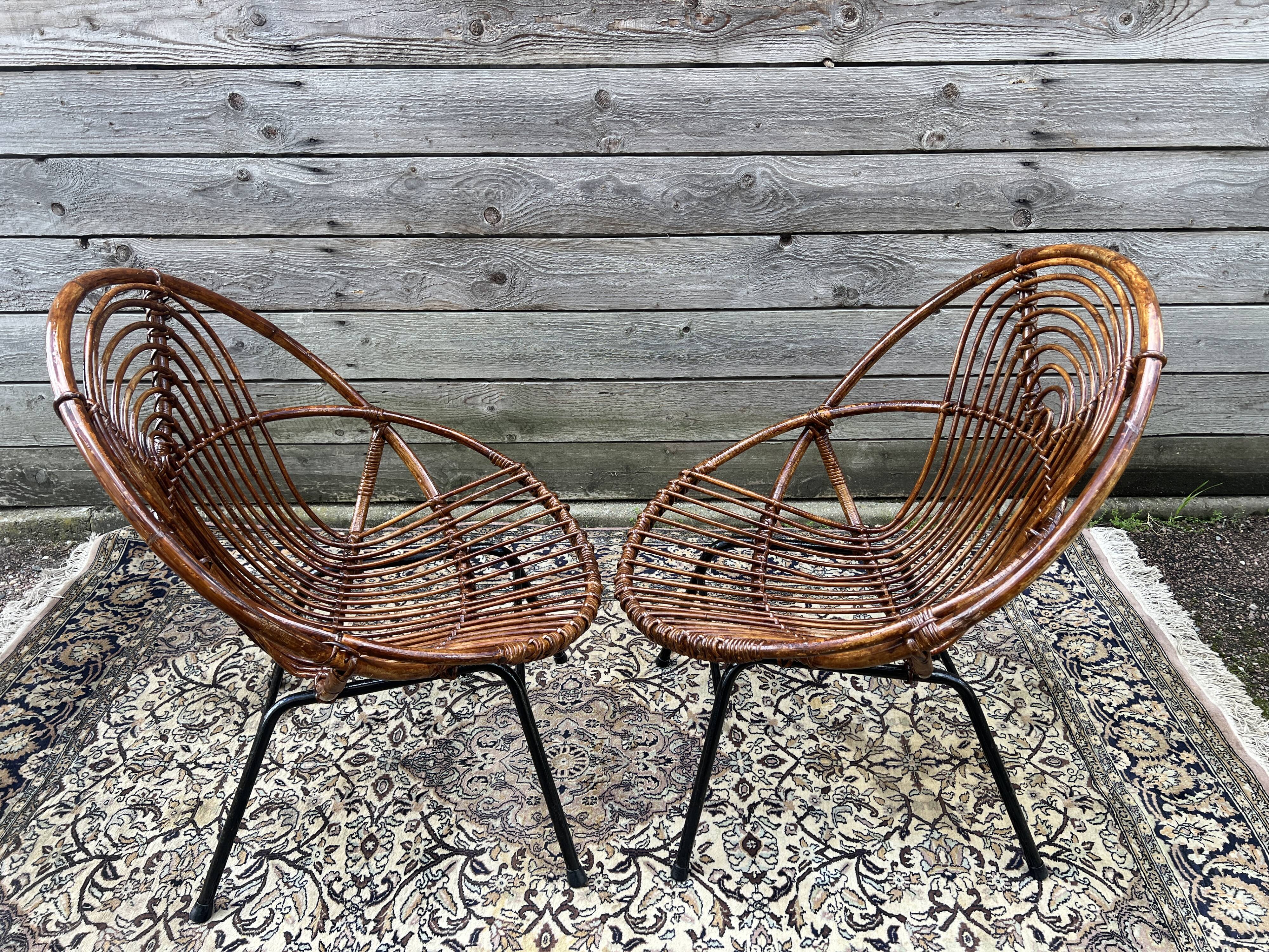 Pair of rattan armchairs, metal legs CIRCA 1950