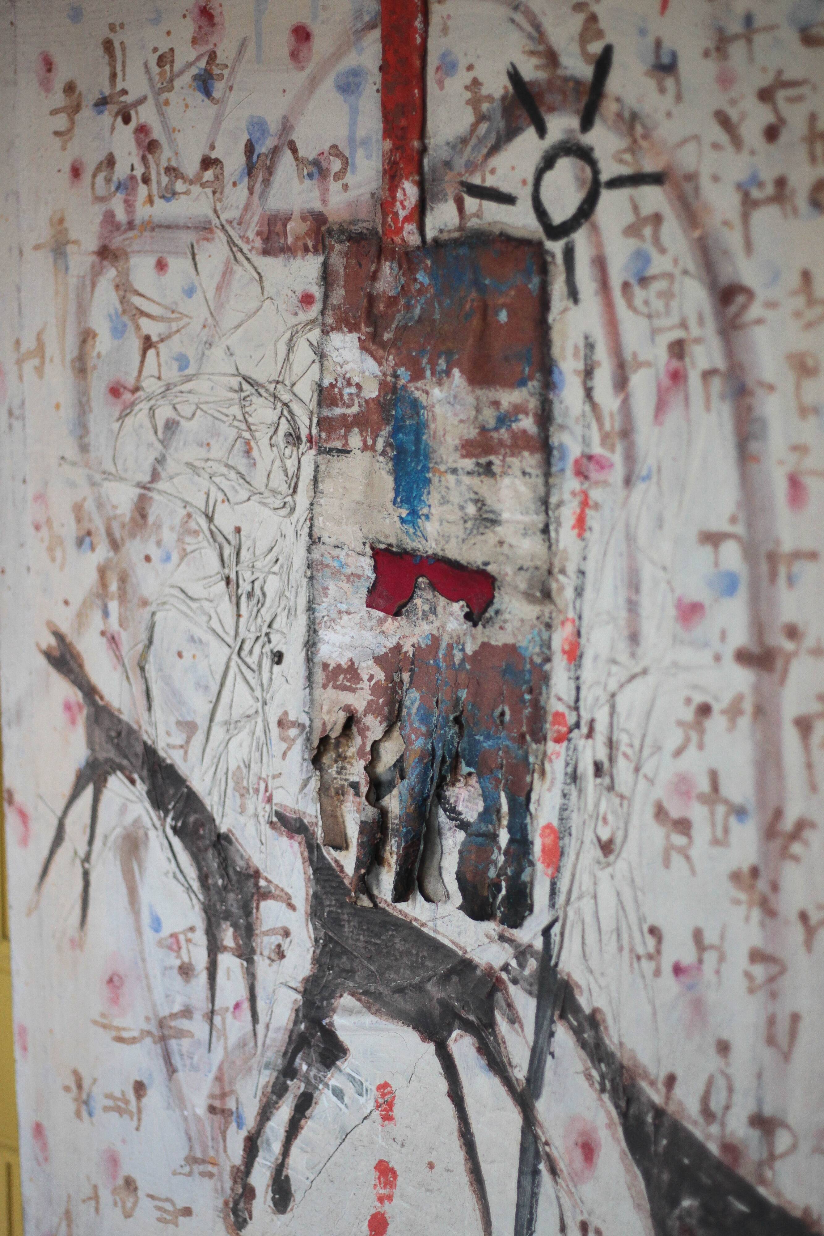Signed table by Alphonse Sallah, The wolves have entered the city, technique