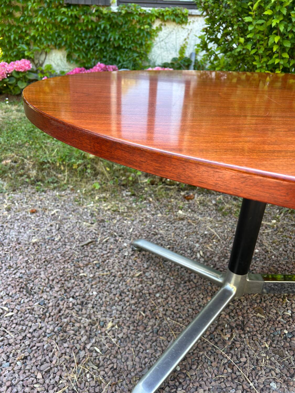 Vintage oval wooden and metal dining table from the 60s and 70s