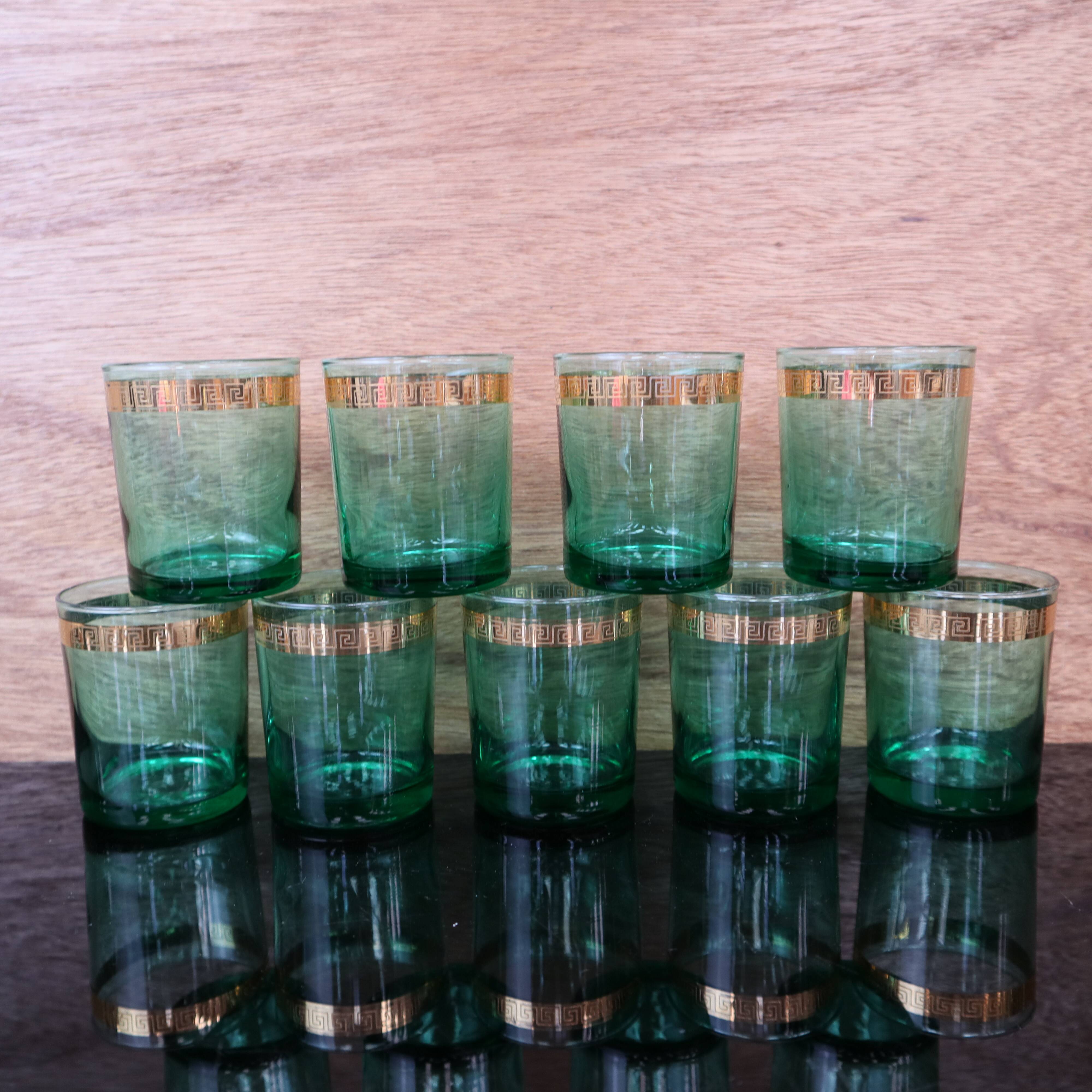 9 verres à apéritif vert émeraude et doré Luminarc France