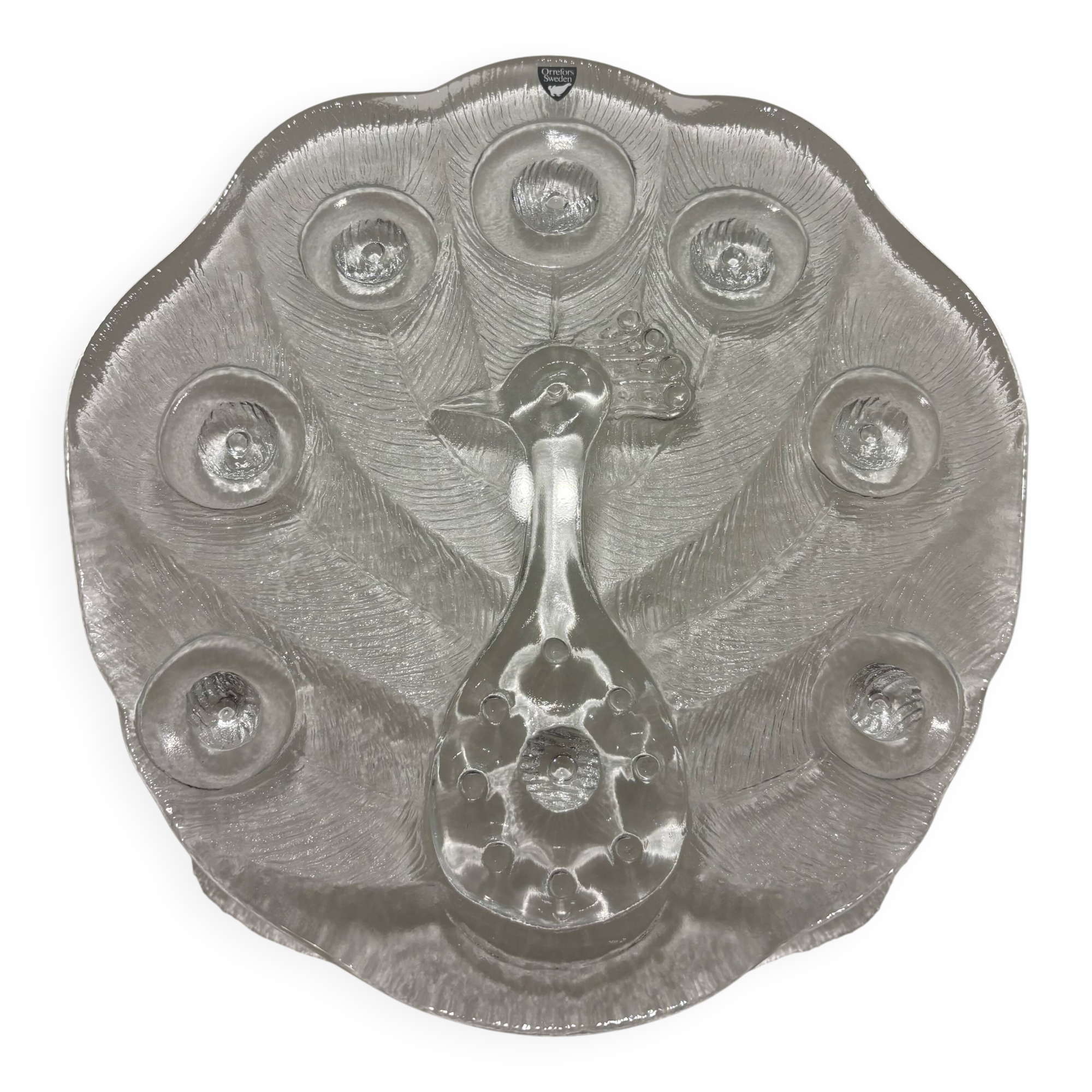 Cheese Board, Peakcock, crystal, Lars Hellsten, Orrefors, Sweden, 1970
