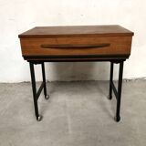 Teak bedside table on casters, vintage 60s end table