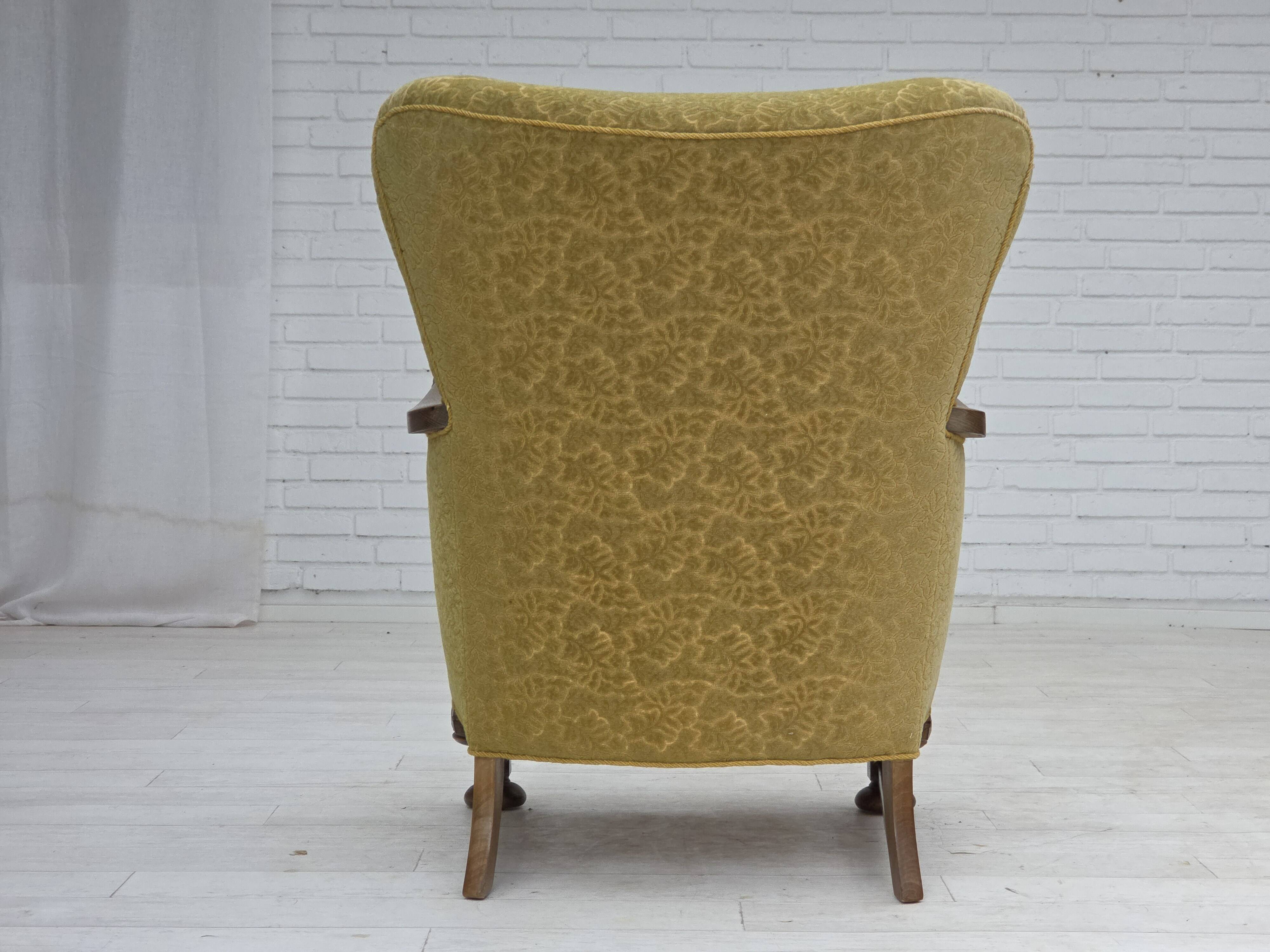 1960s, Danish armchair, furniture cotton/wool fabric, solid oak wood.
