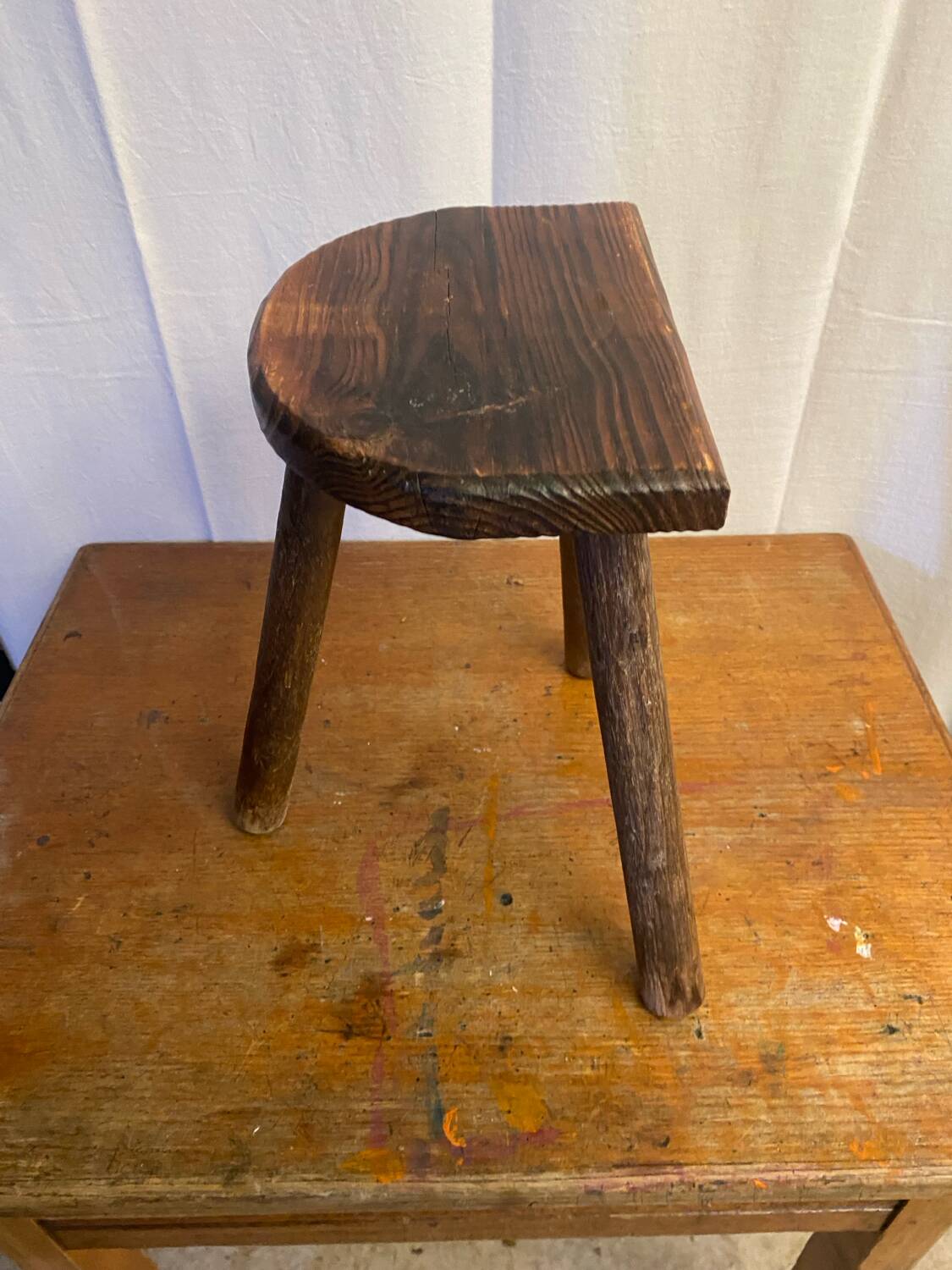 Antique milking stool tripod wood half moon seat vintage