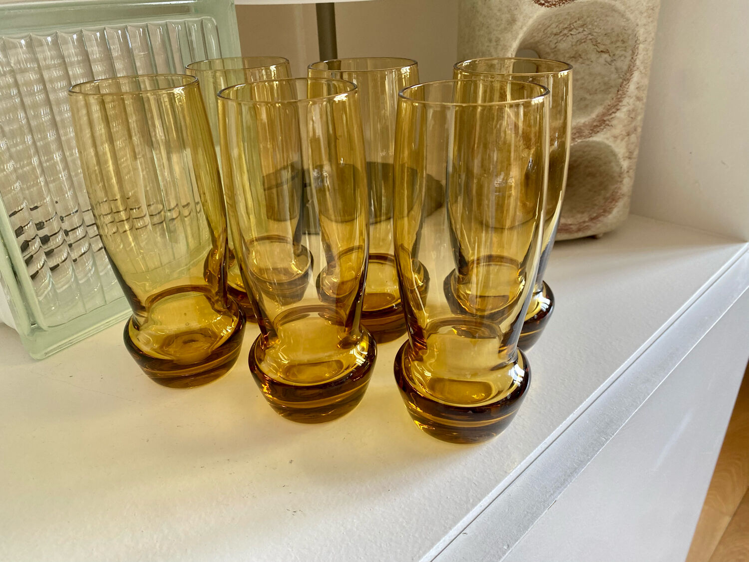 6 amber blown glass water glasses