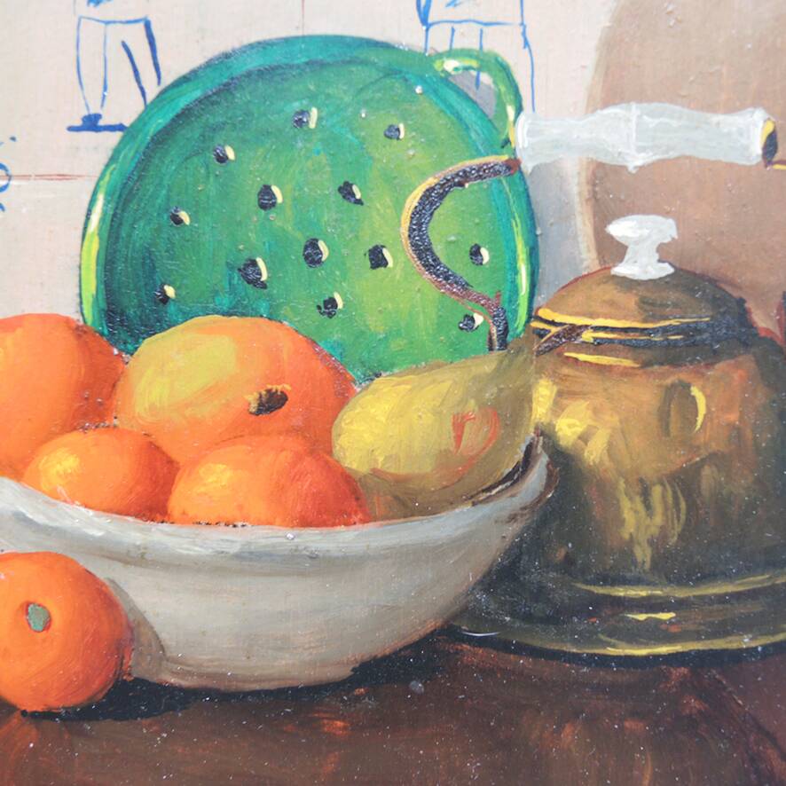 Old oil painting: still life with Dutch tiles