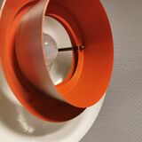 Danish hanging lamp in silver-coloured aluminium with contrasting orange lacquer inside.