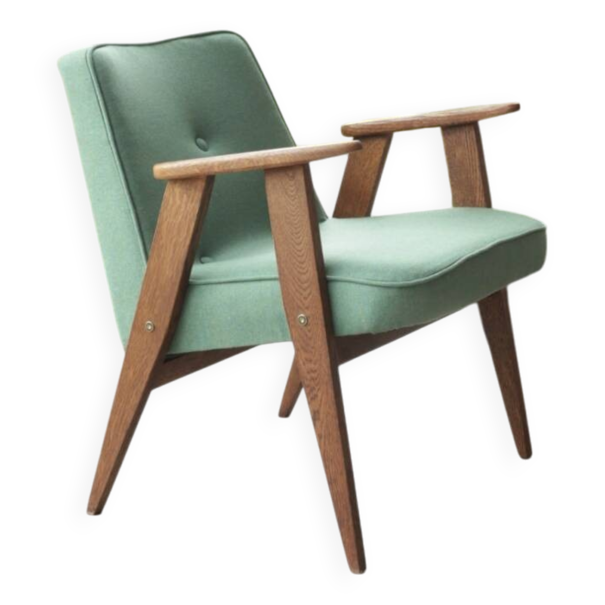 Vintage rustic oak armchair in green wool, 1960s