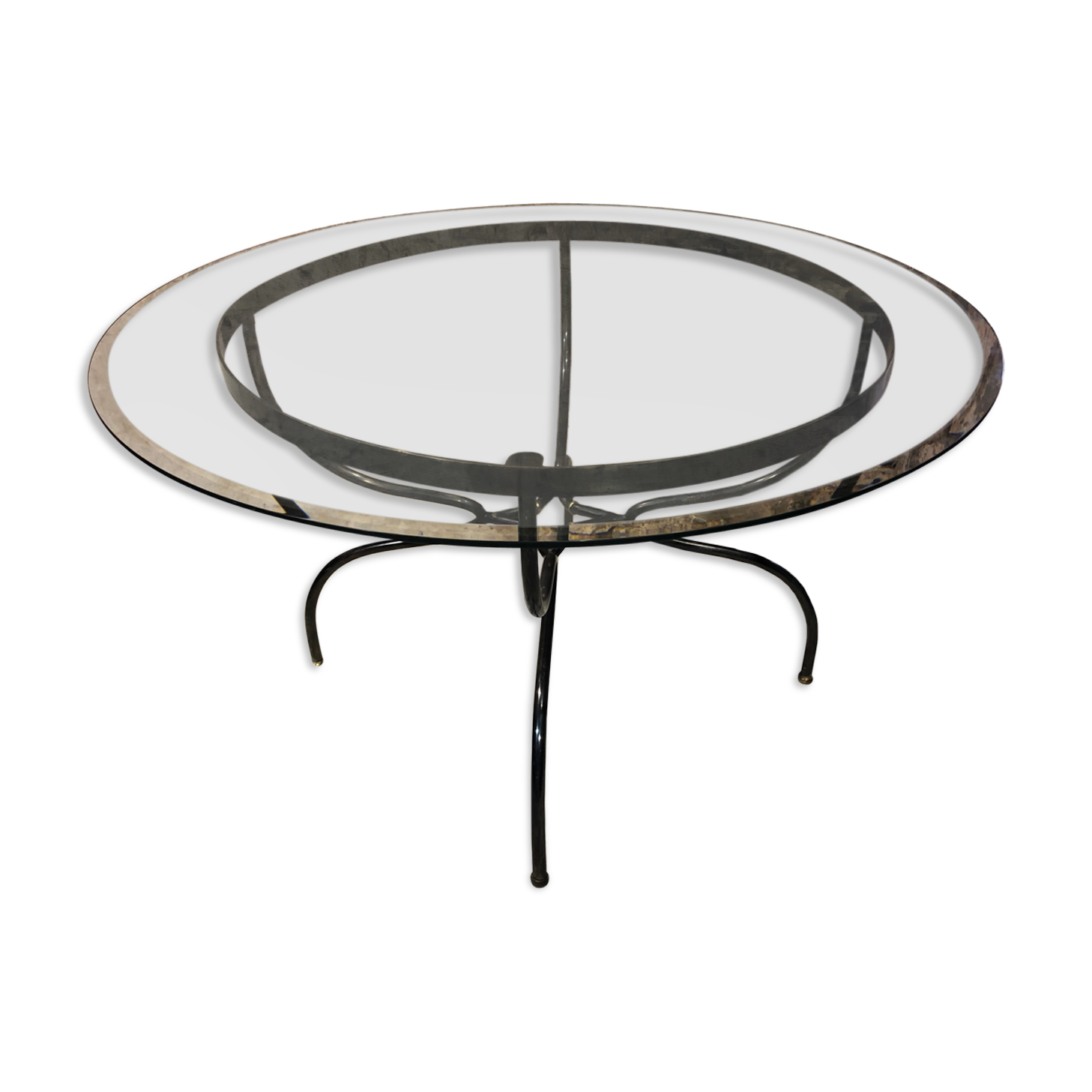 Table base wrought iron and brass, bevelled glass tray, 1980s