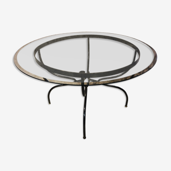 Table base wrought iron and brass, bevelled glass tray, 1980s