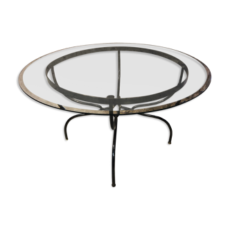 Table base wrought iron and brass, bevelled glass tray, 1980s