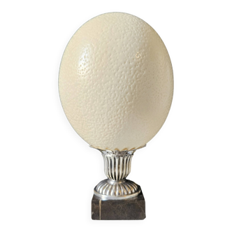 Oeuf d'Autruche, Socle en Métal Argenté & Marbre Noir (Début XXème) H: 21cm