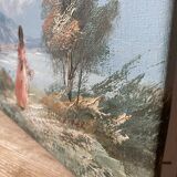 Tableau ancien huile sur toile jeune fille au lac signé