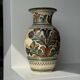 Large Provençal vase with beige background, green, blue and brown decoration of stylized plants