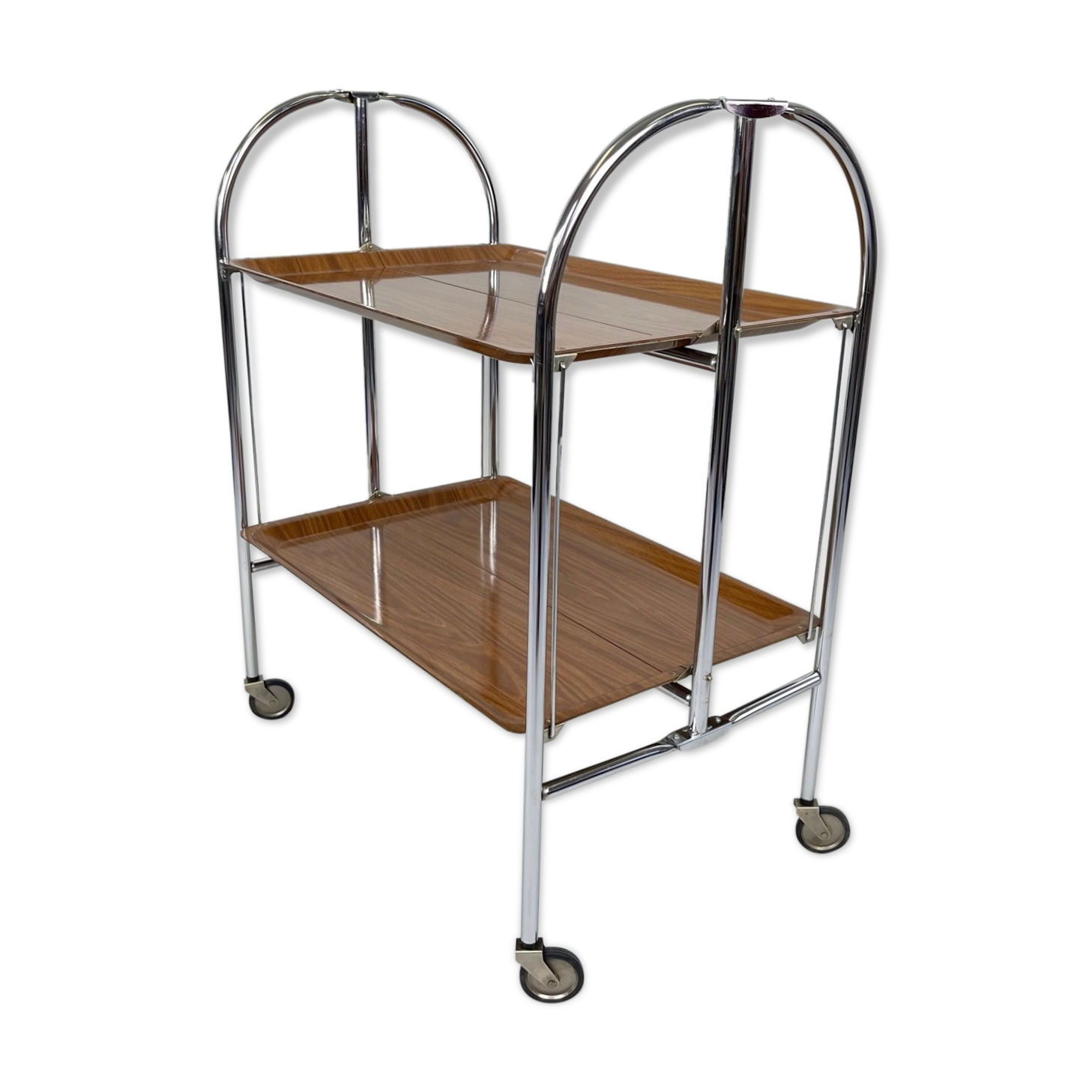 Mid-century Vintage Chrome and Plywood Folding Serving Trolley, 1950's
