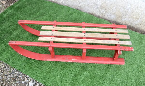 Luge vintage biplace traîneau bois de chêne 1930's 106 cm