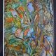 Framed abstract painting under glass