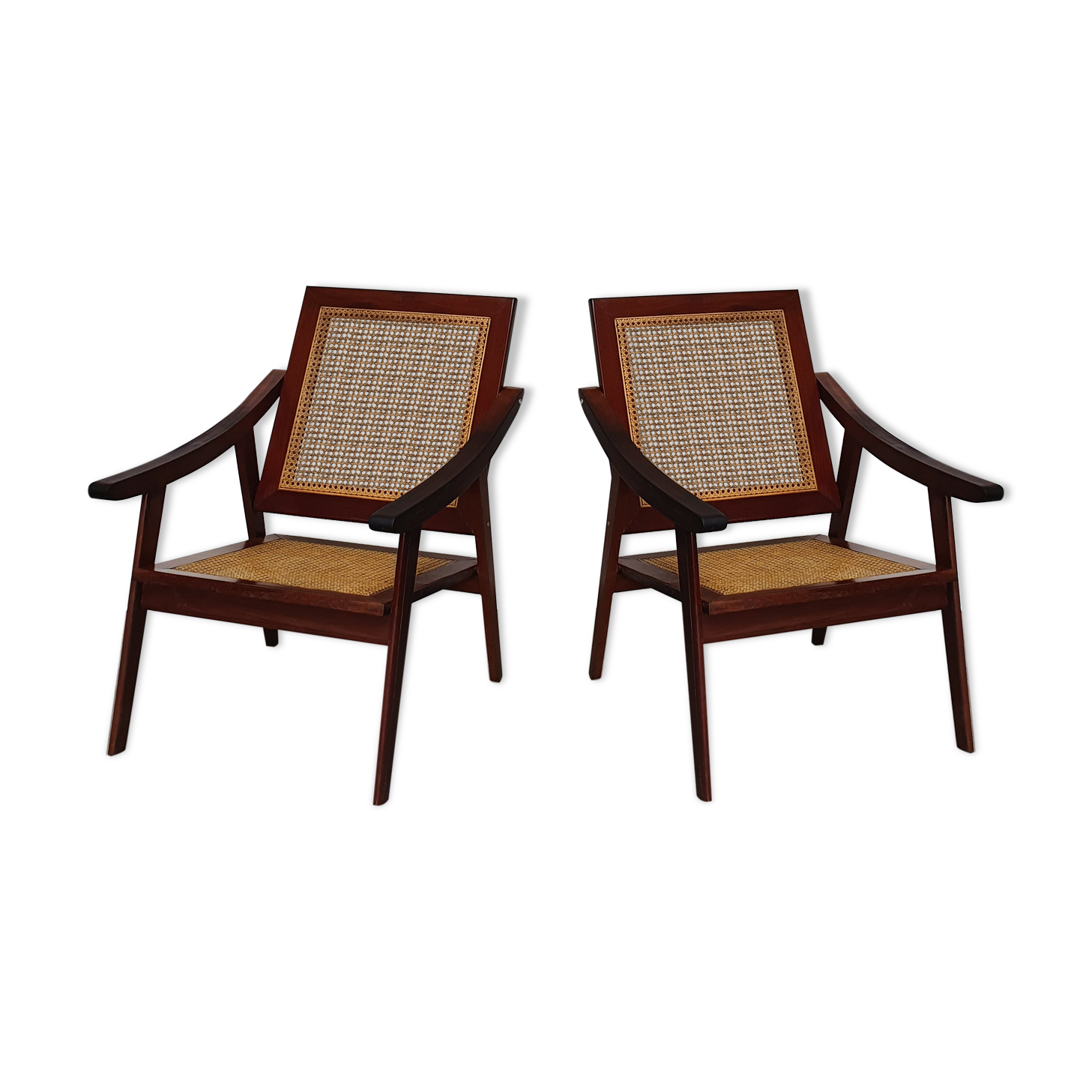 Pair of armchairs in red teak and cannage