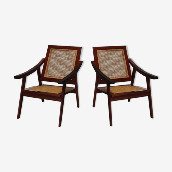 Pair of armchairs in red teak and cannage