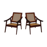 Pair of armchairs in red teak and cannage