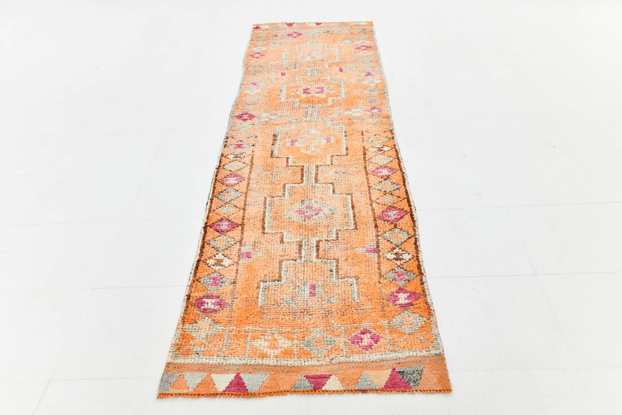 Tapis de couloir vintage orange doux 3x11, en laine, 90x330 cm