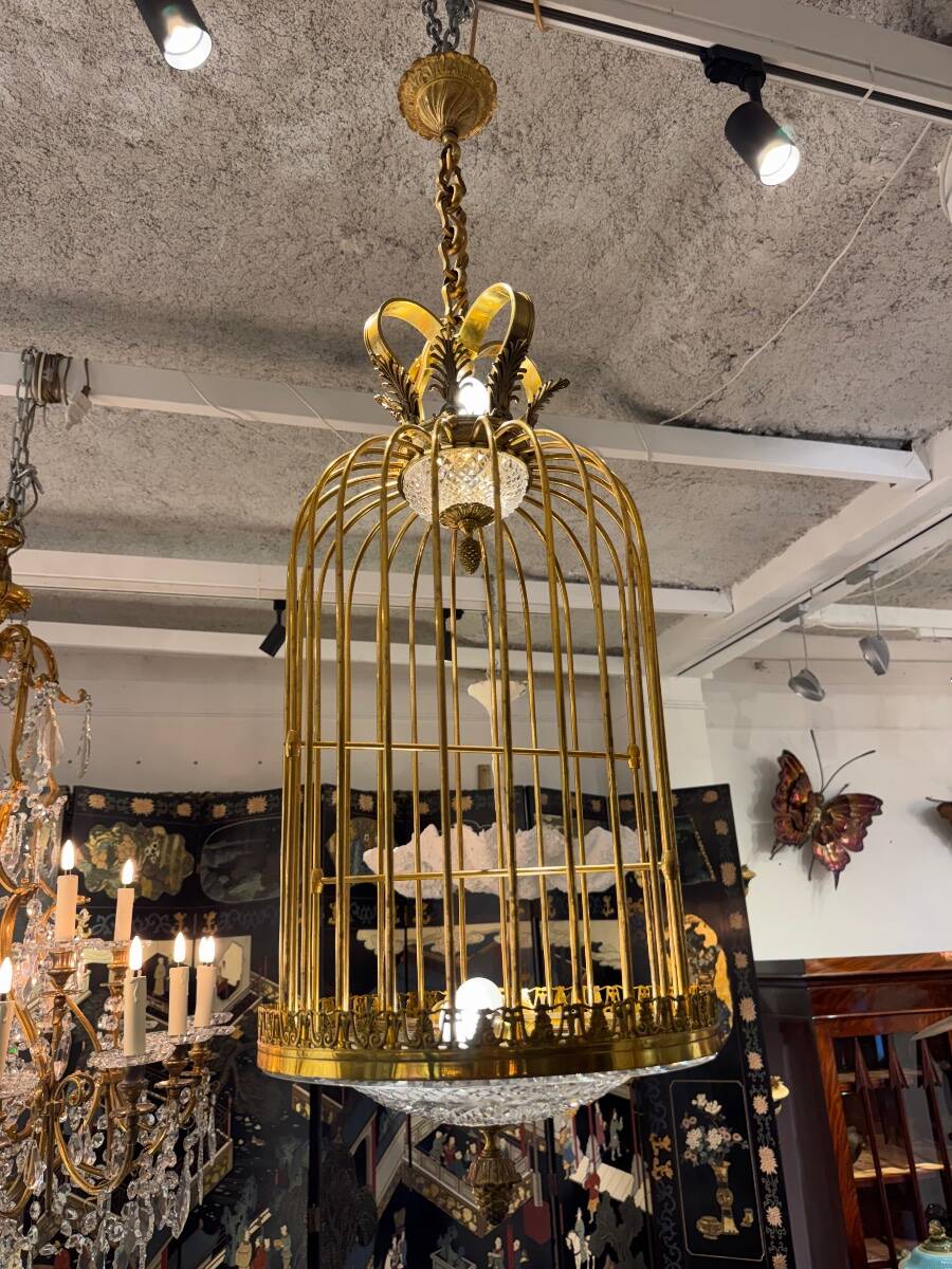 Lustre cage en cristal et bronze vers 1900
