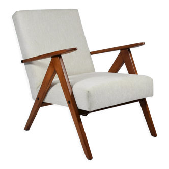 Fauteuil vintage, restauré, années 1960, beige, teck