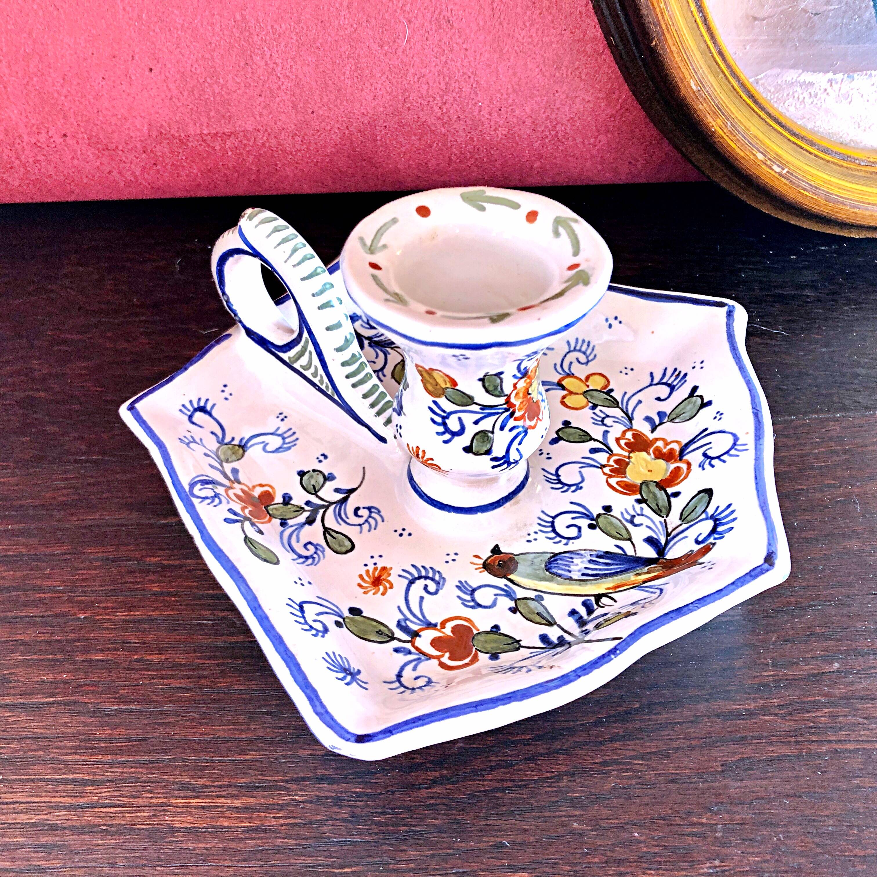 Handcrafted enameled ceramic candle holder signed vintage Rouen style decor