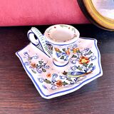 Handcrafted enameled ceramic candle holder signed vintage Rouen style decor