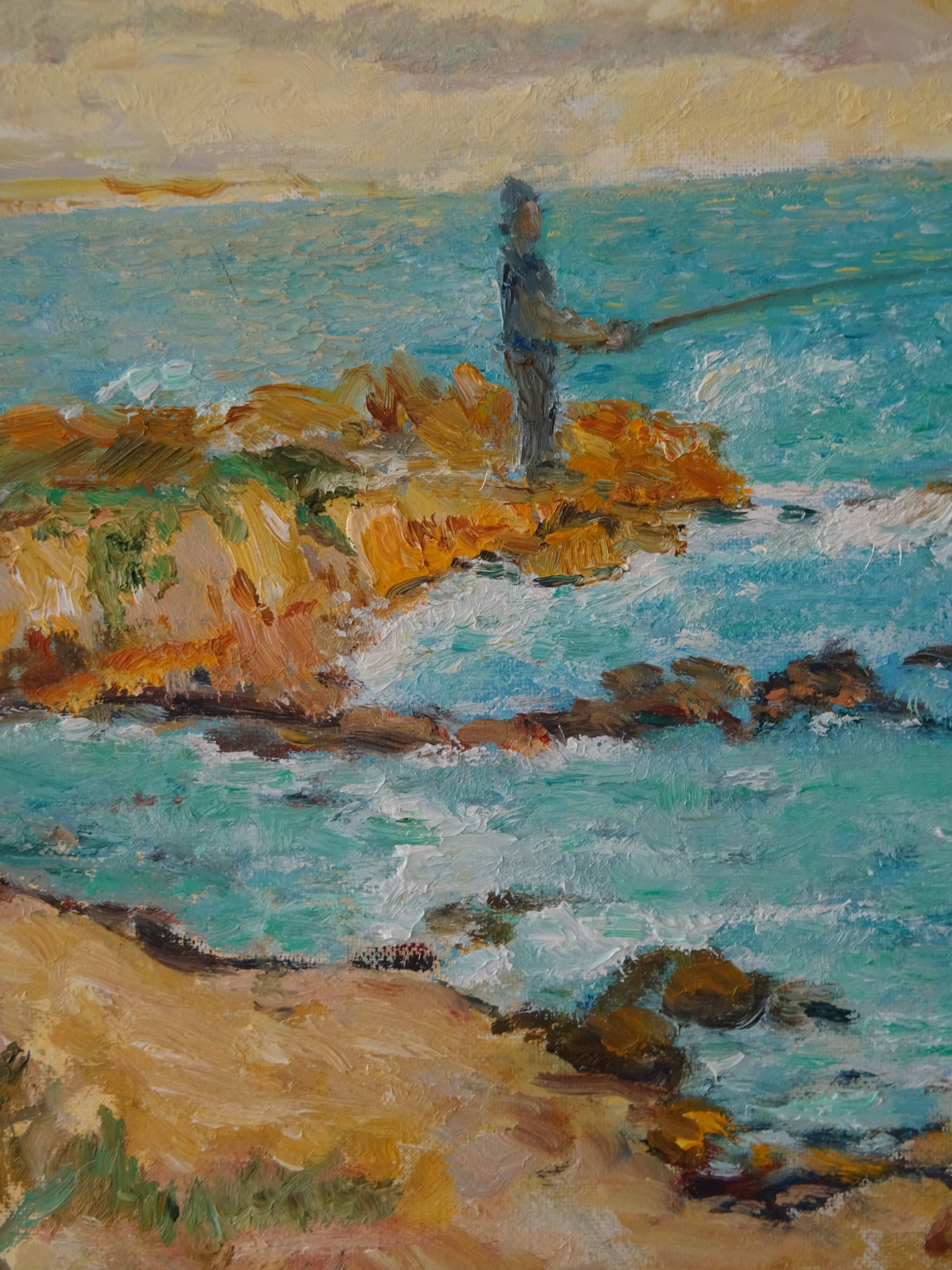 Seaside fisherman painting oil on canvas signed