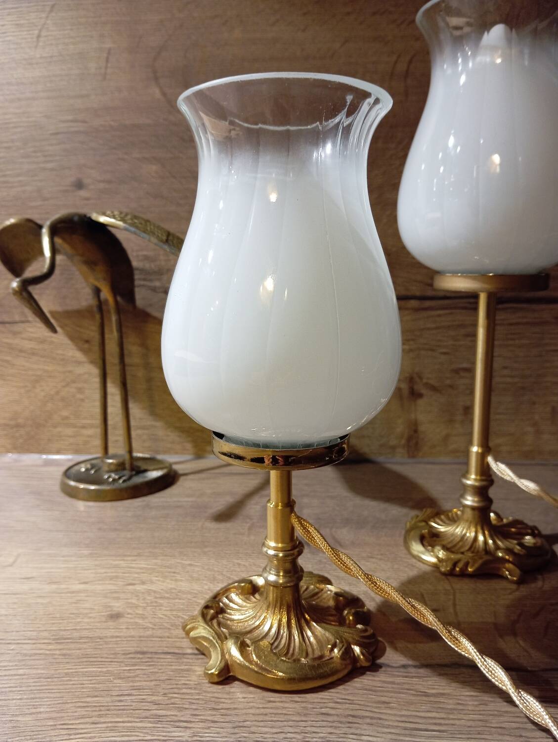 Duo art deco bedside lamps bronze and white glass tulip
