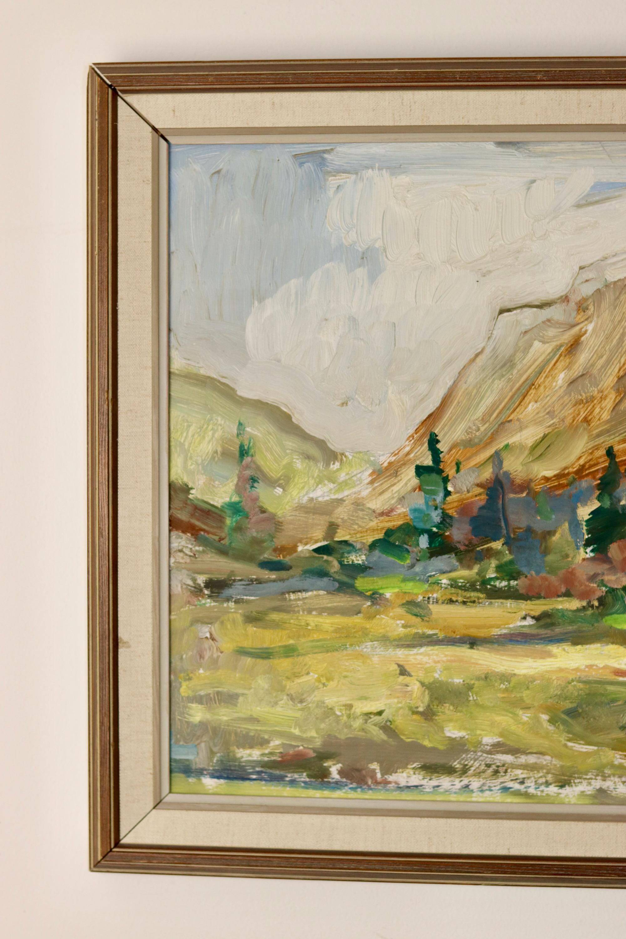 Oil painting on vintage panel "Mountain Cabin with Forest and Hills" - Vintage and framed