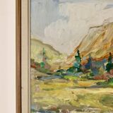 Oil painting on vintage panel "Mountain Cabin with Forest and Hills" - Vintage and framed