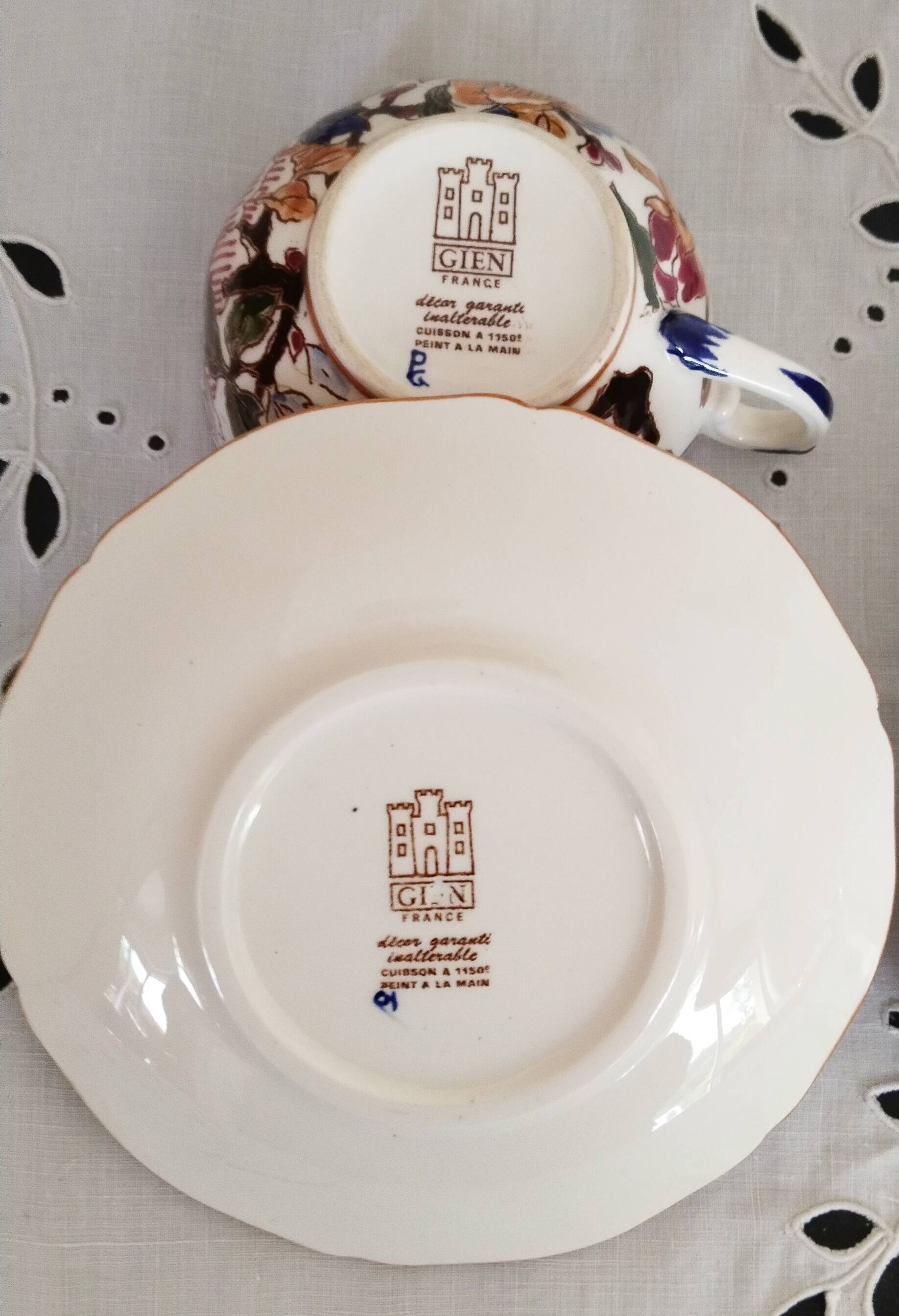 Gien earthenware coffee cups, "peonies" motif, tea cup