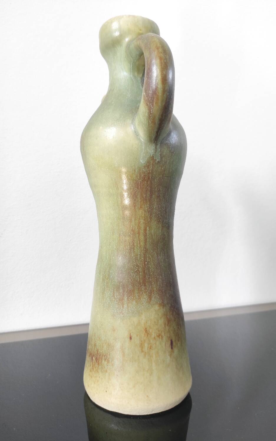 Pichet / Soliflore vintage en céramique flammée – Vert olive & Brun (A