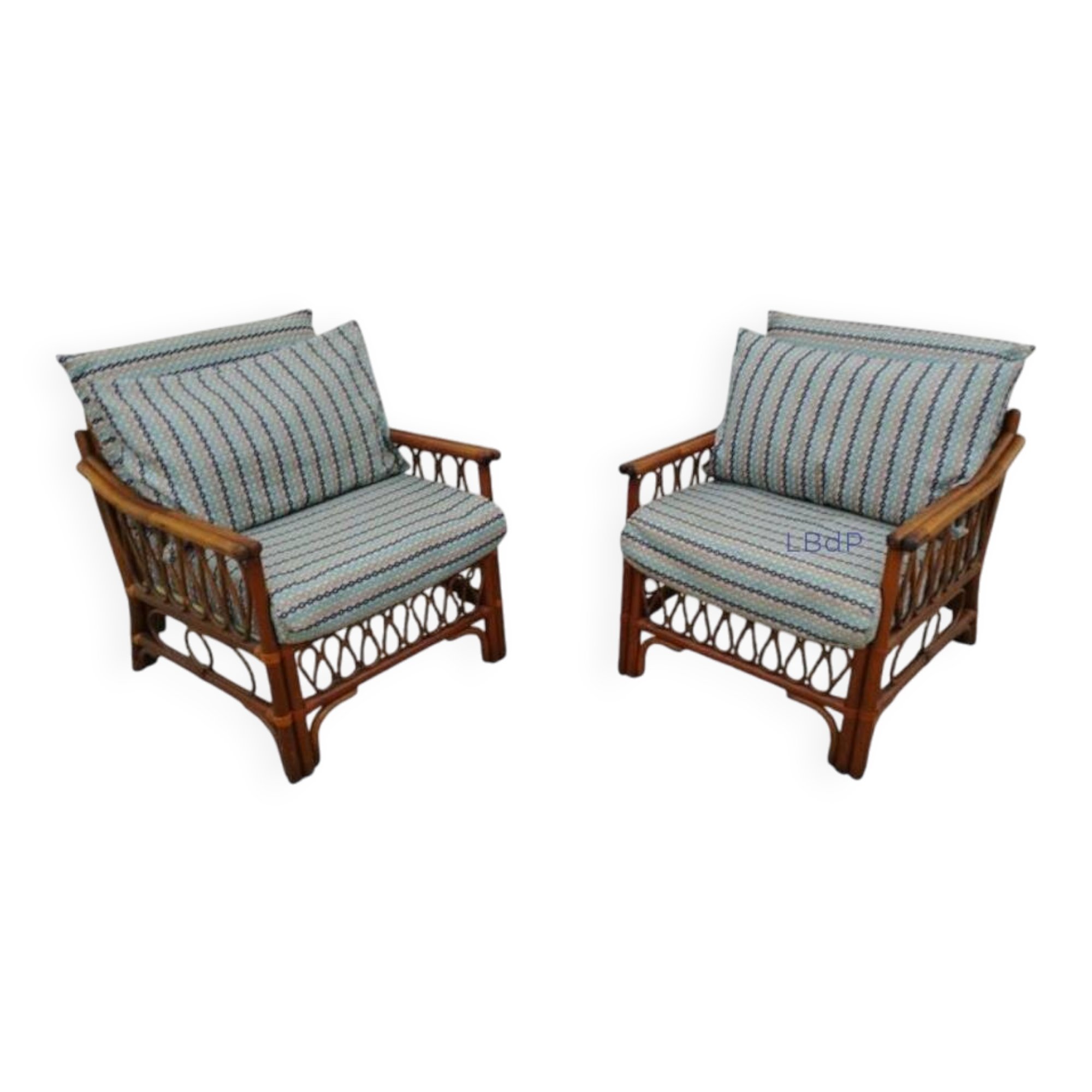 Pair of glacier blue rattan armchairs French Riviera vintage ép