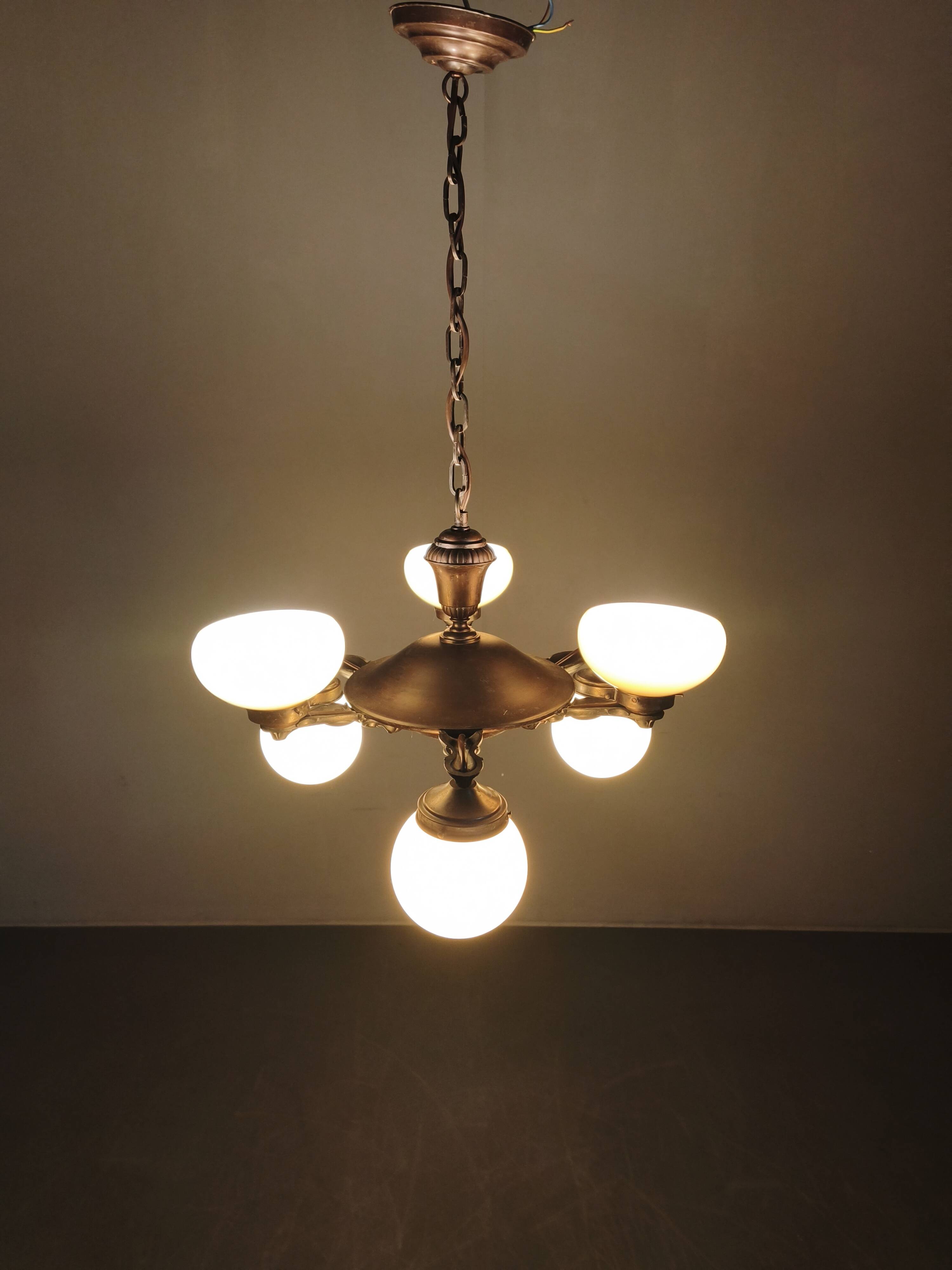 Art Deco Chandelier in Czech Brass with Cream Glass, 1920s